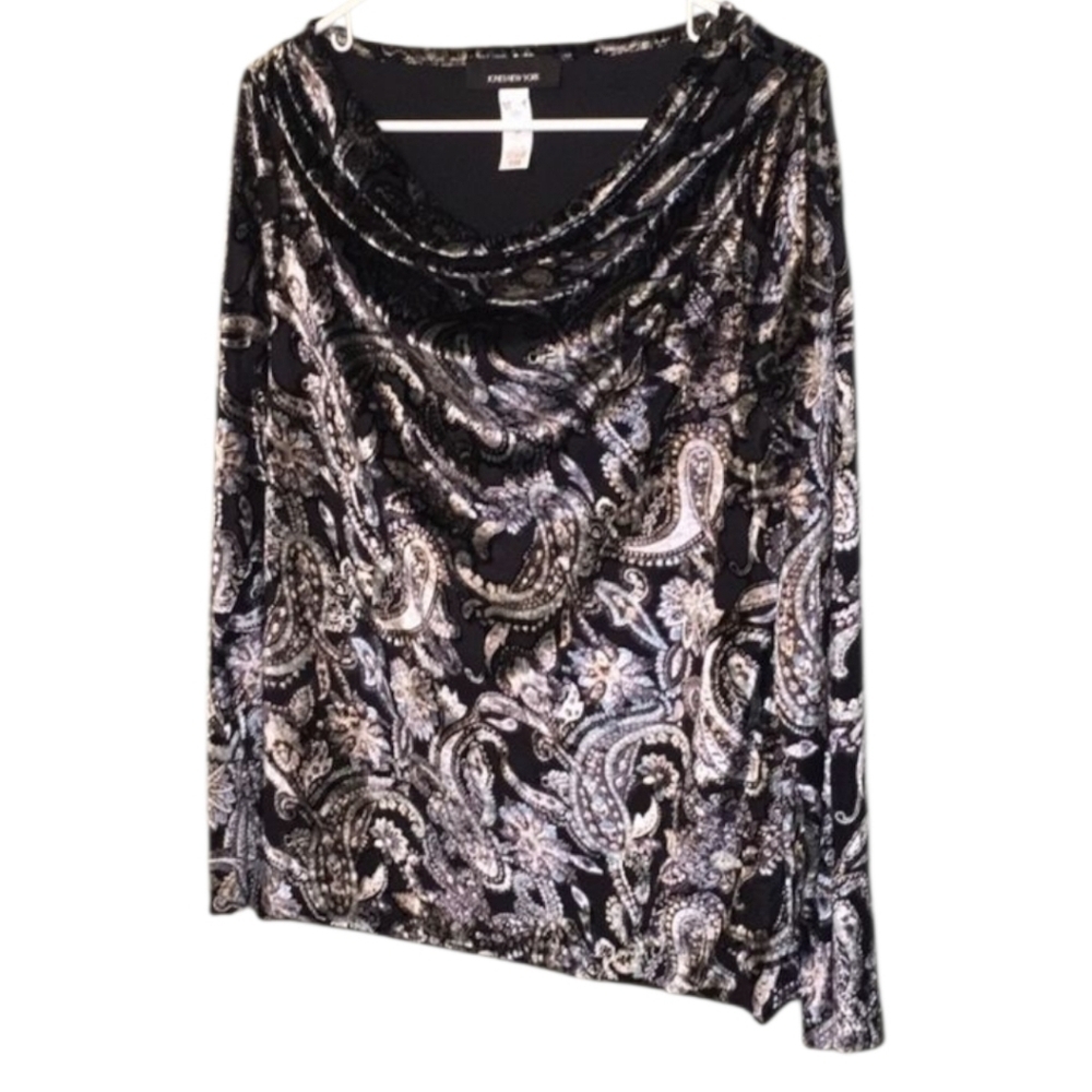 Jones New York top women’s size M shirt silky velour feel mesh inserts artsy - Picture 3 of 13
